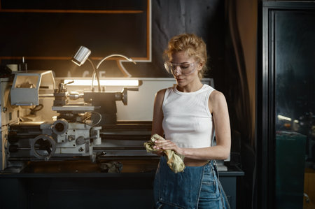 Young woman wiping her hands with rag after working on lathe turning machine