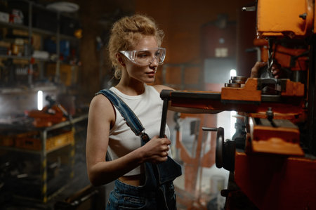 Woman wearing safety protective goggles working on milling and drilling machineの写真素材