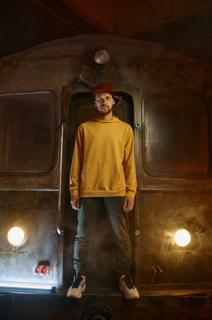 Breakdancer hipster b-boy standing at urban subway train