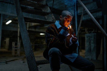 Lonely helpless unemployed teenager girl lighting cigarette