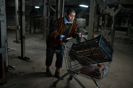 Drunk young homeless woman pushing shopping trolley cart