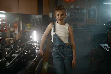 Portrait of young woman mechanic standing at workbench