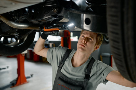 Male auto mechanic working under car lifted on elevator with flashlight