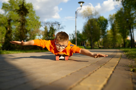 Boy lying on skateboard on his belly and riding like aviator