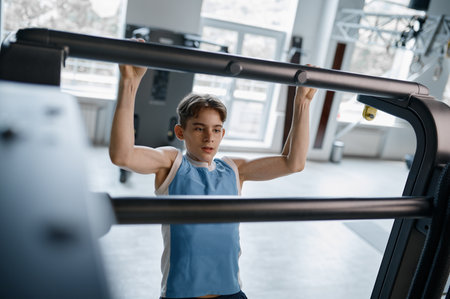 Teenager boy pulling up on crossbar closeup shot over gym background