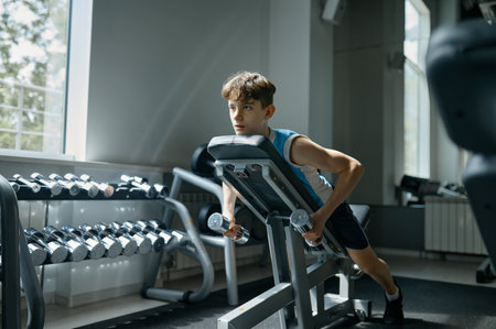 Teenage boy engaged in sports training with dumbbells at gym hallの写真素材