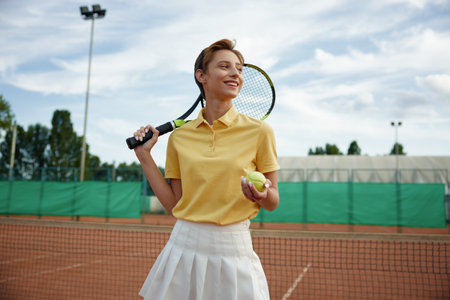 Young woman tennis player in trendy fashion sportswear posing with racketの写真素材
