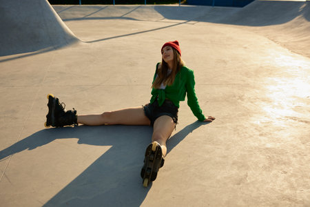 Tired but satisfied teenager girl in roller skates sitting on asphalt rollerdromの写真素材