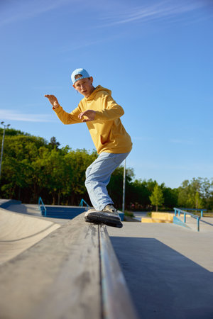 Talented teen guy roller skating making trick on borderの写真素材