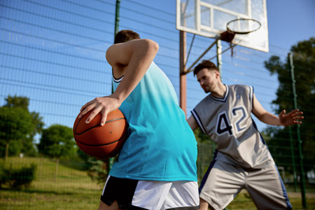 Closeup shot of two men playing basketball