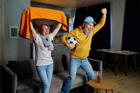 Happy senior couple cheering in watching sport competitions television TVの写真素材
