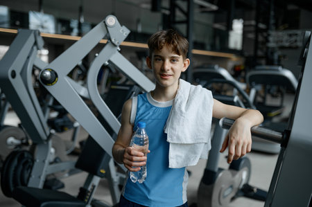 Portrait of teenager boy feeling satisfied after good training at gymの写真素材