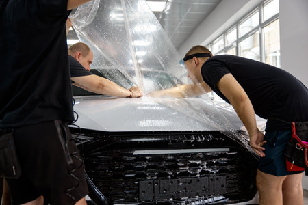 Male mechanic team wrapping car hood with protective film at auto tuning serviceの写真素材