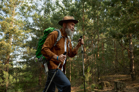 Mature man hiking and exploring forest nature enjoying cardio enduranceの写真素材