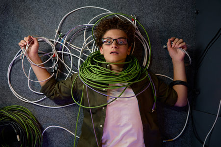 Frustrated overwhelmed teenager IT engineer lying on floor wrapped in wireの写真素材