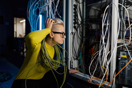 Confused female data center technician inspecting computer system and hardwareの写真素材