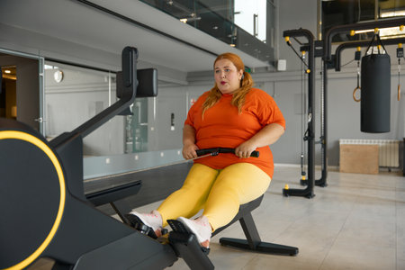 Chubby woman working hard on training machine at gymの写真素材