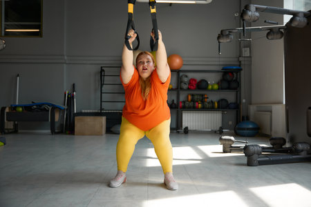 Chubby woman working in bodyweight training program using trx loopsの写真素材