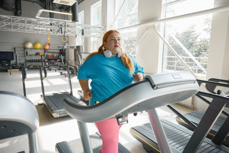Active obese woman running on treadmill track enjoying cardio exercise