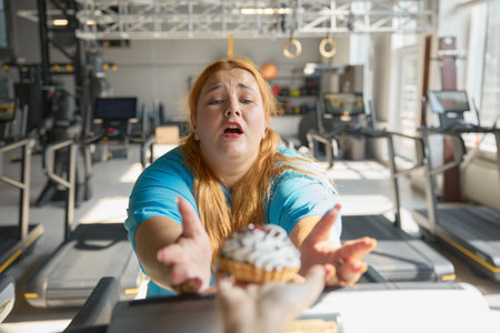 Closeup front view on face of obese woman at gym reaching to cakeの写真素材