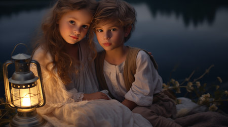 Portrait of charming boy and girl kids hugging together and looking at camera generative AI. Evening atmosphere at candlelight and beautiful childrenの素材
