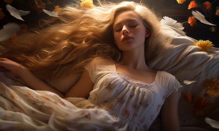 Beautiful sleeping young blond woman in flowers generative ai. Purity, innocence and tenderness conceptの素材