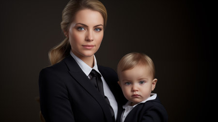 Portrait of successful businesswoman with toddler son wearing formalwear isolated on dark background. Family business concept. Generative AIの素材