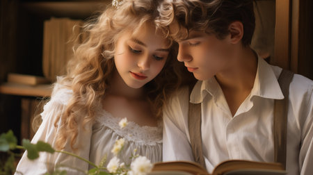 Charming young teenage couple falling in love generative AI. Couple reading book sittingの素材