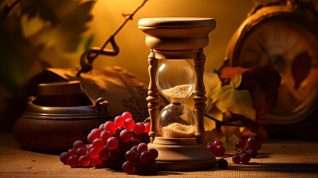 Vintage still life with sand hourglass, books stack and apple fruits, grapes. Generative AIの素材