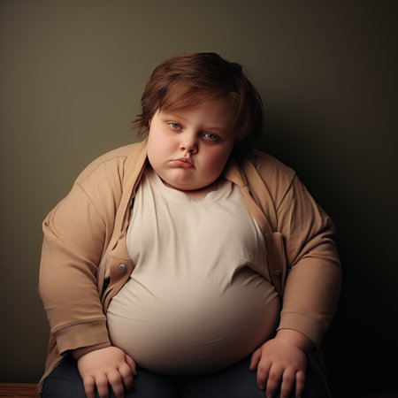 Sad overweight boy in tight clothes sitting on bench and looking aside with pensive eyes. Generative AI portraitの素材