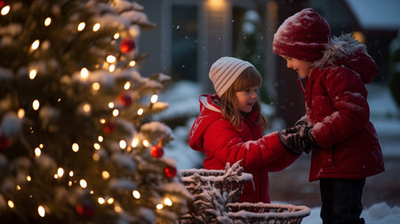 Little preschool brother and sister playing outdoors during Christmas time. Generative AIの素材