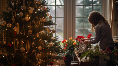 Preteen girl child engaged in decoration of house for Christmas enjoying entertainment activity. Generative AIの素材