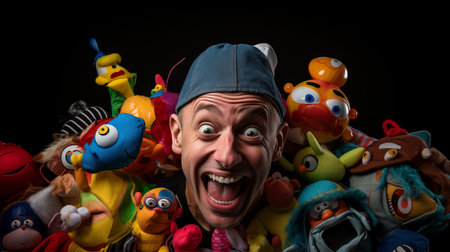 Playful man toothy smiling feeling happiness surrounded cute toys with funny faces. Generative AIの素材