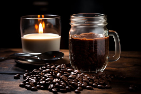 Glass jar filled with coffee drink and scattered grains on table dark still life. Generative AIの素材