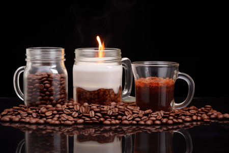 Coffee still life with roasted beans scattered on table and in glass jar, espresso and latte hot aroma drink. Generative AIの素材