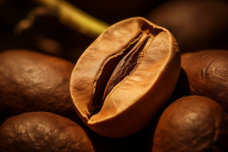 Closeup macro view of aroma mild roasted brown coffee beans background. Generative AIの素材