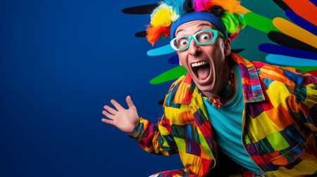 Portrait of playful overjoyed man wearing funny festive clothes screaming and feeling crazy mad emotion. Generative AIの素材