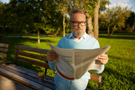 Serious bearded mature man reading daily newspaper on park benchの写真素材