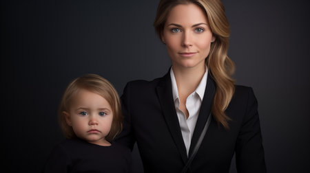 Portrait of successful businesswoman with toddler daughter wearing formalwear on dark background. Family business concept. Generative AIの素材