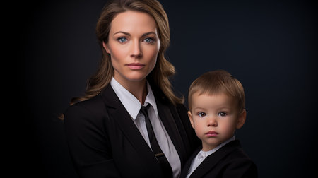 Portrait of successful businesswoman with toddler son wearing formalwear isolated on dark background. Family business concept. Generative AIの素材