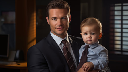 Portrait of happy smiling businessman and little son in formal suit. Family business and entrepreneurship generative AIの素材
