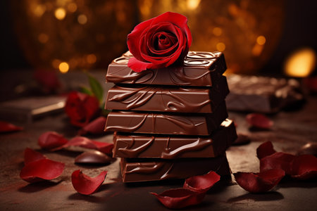 Chocolate bar pieces and rose flowers still life. Romantic present for valentine day, birthday or Christmas. Generative AIの素材