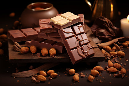 Milk chocolate bar pieces with scattered nuts still life. Candy shop sweet food composition. Generative AIの素材