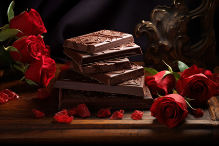 Chocolate bar pieces and rose flowers still life. Romantic present for valentine day, birthday or Christmas. Generative AIの素材