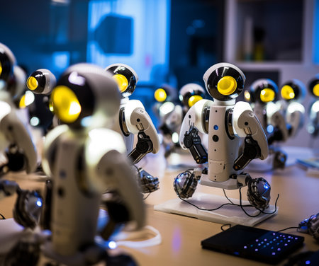 Many identical clones of mini smart robots on table. Futuristic electronics and digital revolution. Generative AIの素材