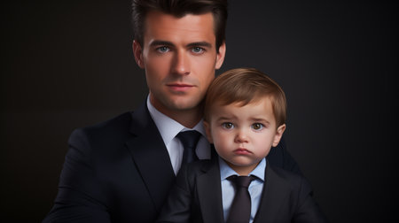 Portrait of confident businessman and little son in formal suit. Family business and entrepreneurship generative AIの素材