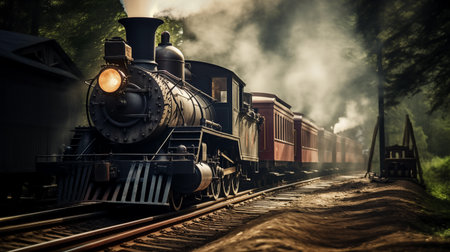 Antique passenger train with steam engine running on rails in smoke. Retro intercity express commuter. Generative AIの素材