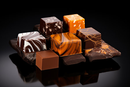 Heap of broken chocolate sweets pieces still life. Confectionary shop design. Generative AIの素材