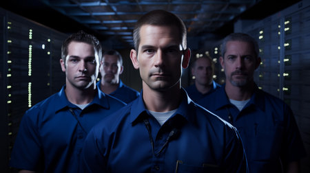 Confident team of data center system administrators. Portrait of male professional IT specialists standing in server room looking at camera. Generative AIの素材