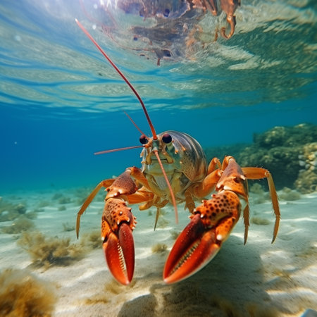 Lobster swimming underwater crawling on sea ocean bottom. Seafood, tropical wildlife. Generative AIの素材